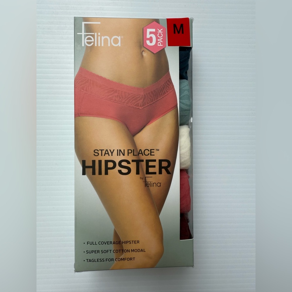 Felina Stay In Place Hipster Panties 5 Pack M Cotton Modal Full Coverage Lace